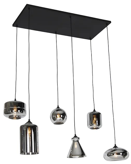 Candeeiro de suspensão Art Deco preto com vidro fumê 6-luzes - Wallace