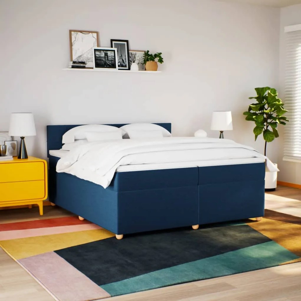 Cama com molas/colchão 200x200 cm tecido azul