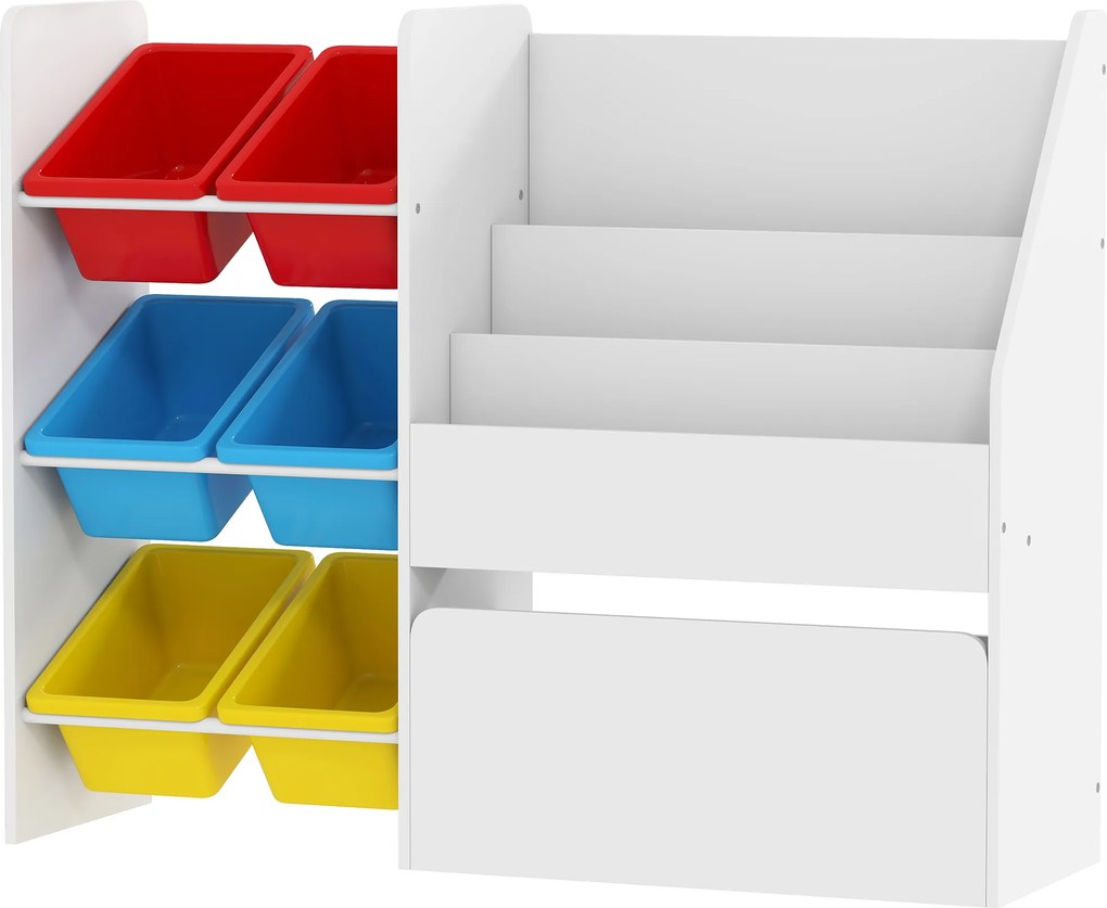Móvel de Arrumação para Brinquedos, 100 x 30 x 80 cm, 6 Caixas e Baú com Rodas, Multicolor