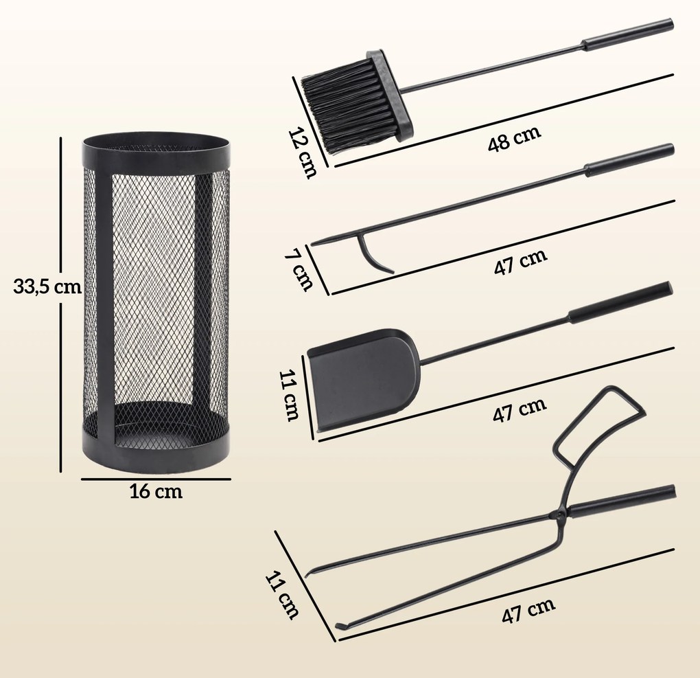 Conjunto para Lareira de 5 Peças em Metal com Escova, Pá, Tenaz, Atiçador e Suporte Ø16 x 33,5 cm Preto