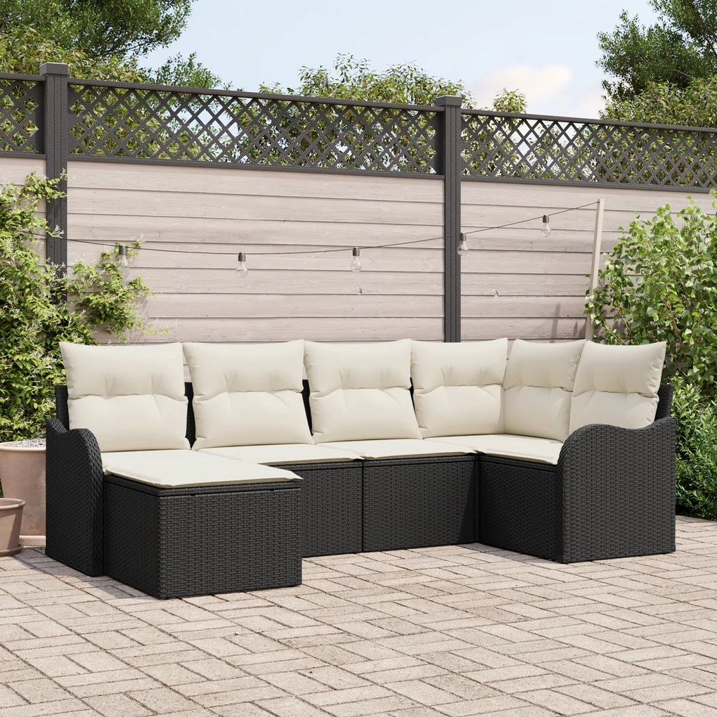 Conjunto de Sofá de Jardim de 6 Peças com Almofadas Preto Rattan Polietileno