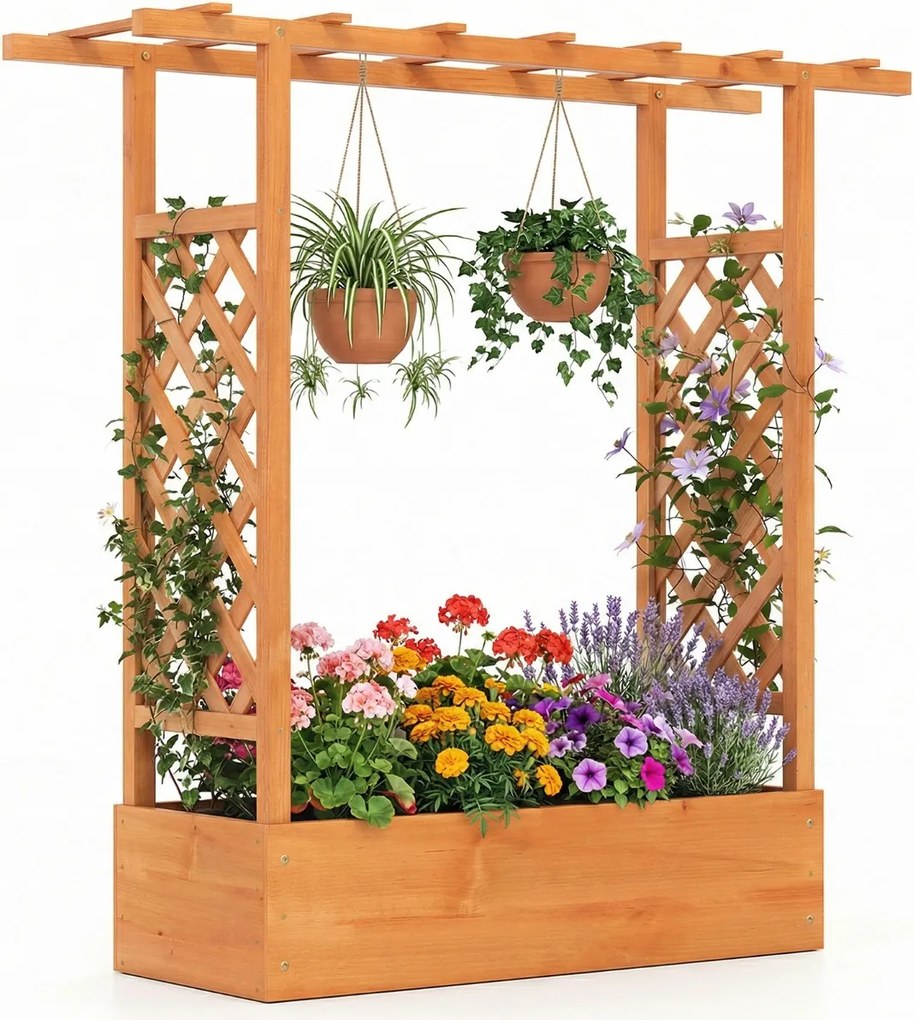 Floreira de jardim elevada em madeira com treliça 110 x 35 x 114 cm, teto suspenso, orifícios de drenagem, abeto, para plantas trepadeiras Laranja