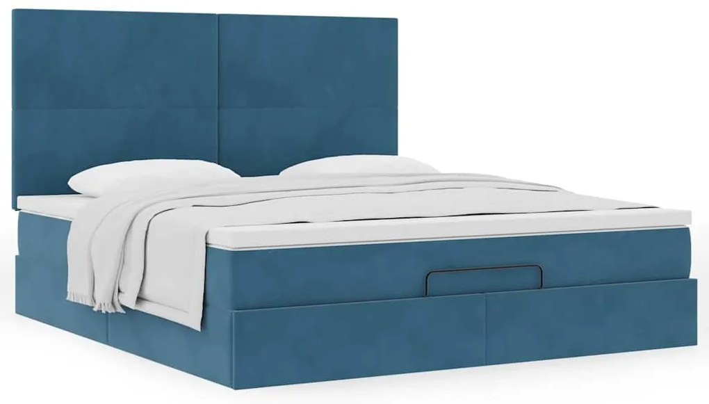 Estrutura de cama otomana com colchão azul escuro veludo