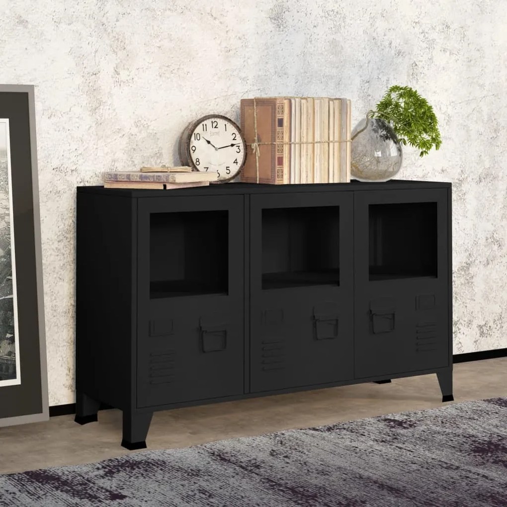 vidaXL Aparador industrial 105x35x62 cm metal e vidro preto