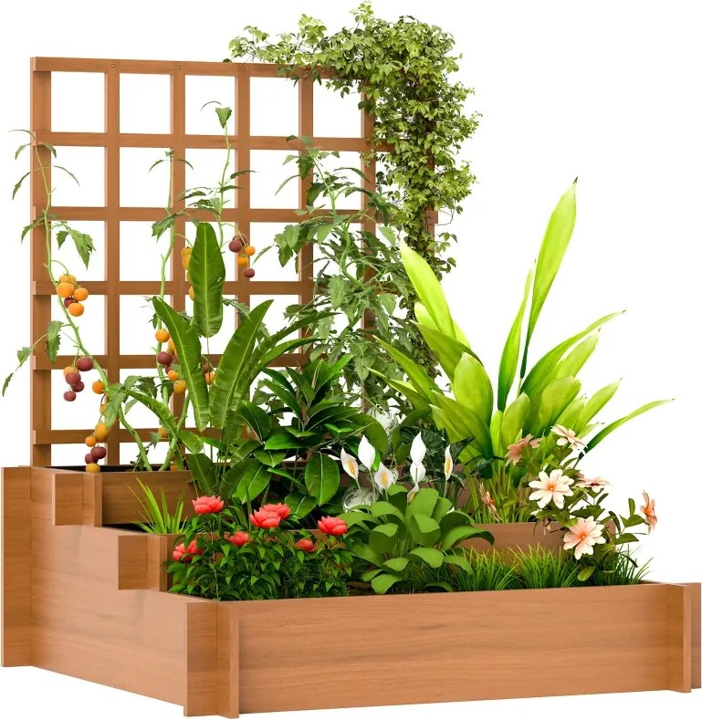 Floreira de 3 Níveis com Treliça Horta Vertical para Cultivos de Verduras Flores 95x95x110 cm Castanho