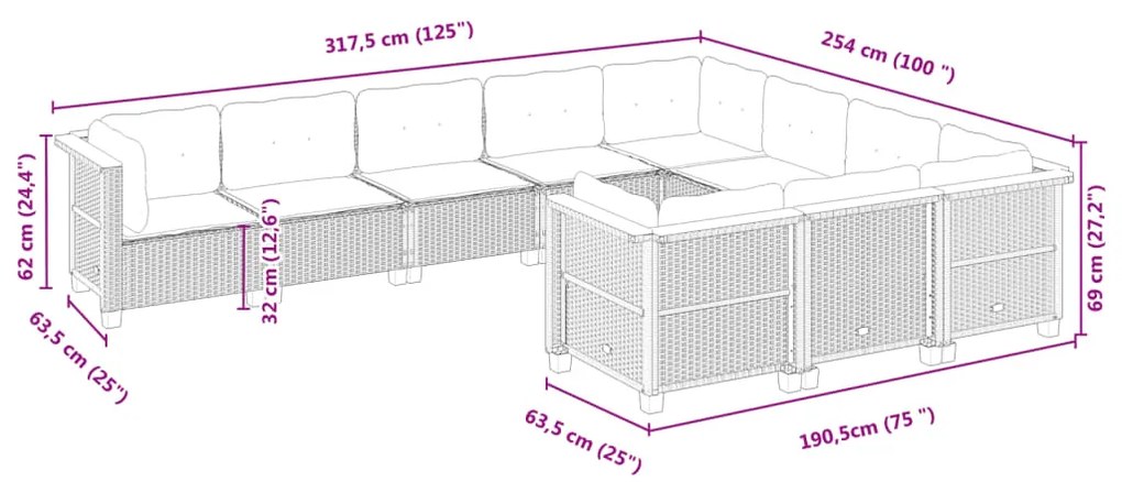 10 pcs conjunto sofás de jardim c/ almofadões vime PE cinzento