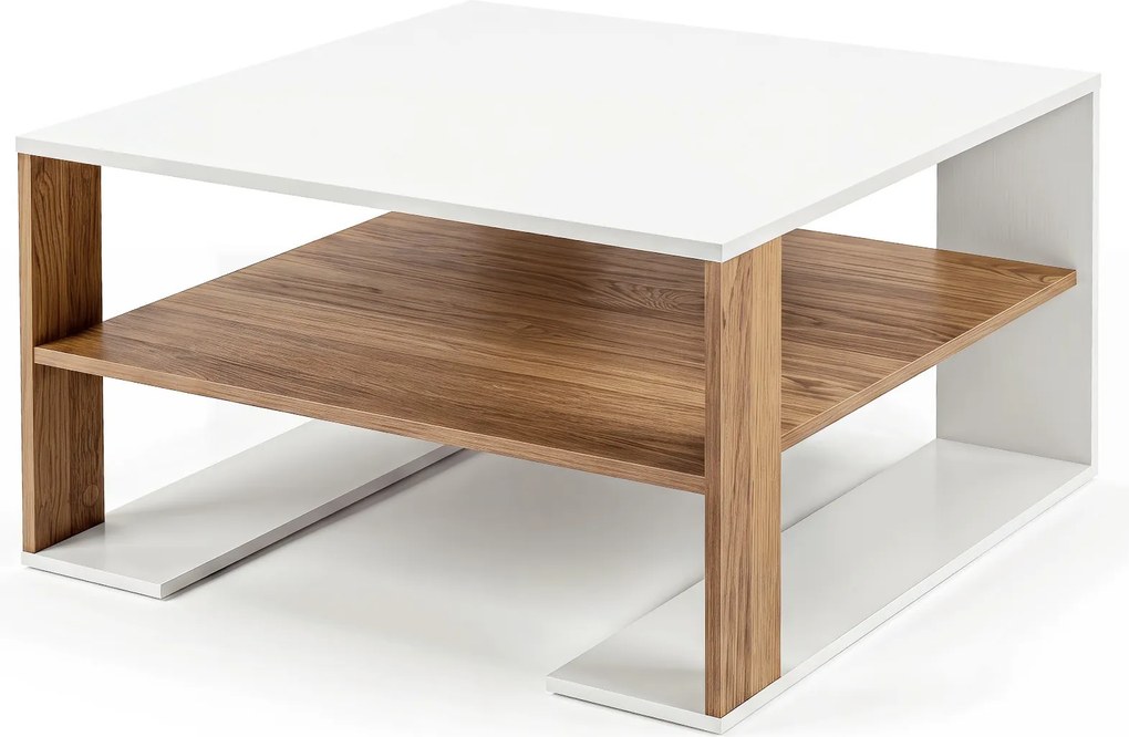 Mesa de Centro, 75 x 75 x 40 cm, Estante Inferior Espaçosa, Natural e Branco