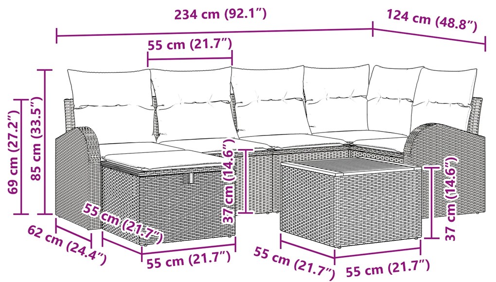 Conjunto de Sofá de Jardim de 7 Peças com Almofadas Cinza Rattan Polié