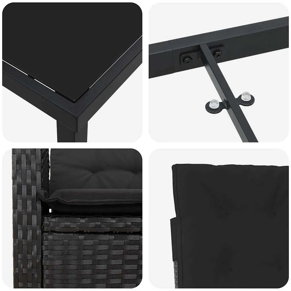 Conjunto de Jantar de Jardim em 3 Peças com Almofadas Preto Rattan Sin