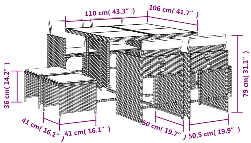 9 pcs conjunto jantar p/ jardim c/ almofadões vime PE castanho