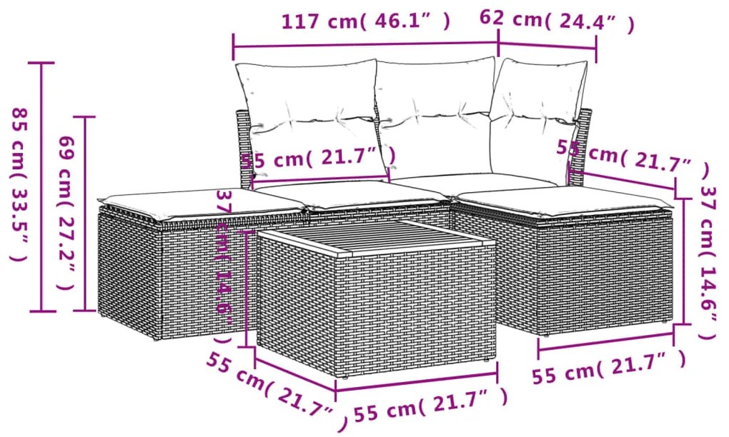 5 pcs conjunto de sofás p/ jardim com almofadões vime PE bege