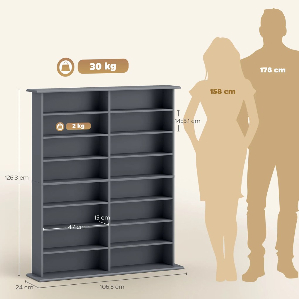 Organizador para CD e DVD 106,5 L x 24 P x 126,3 A cm com 16 compartimentos e 12 prateleiras ajustáveis, capacidade máxima de 720 CD/396 DVD e Blu-ray
