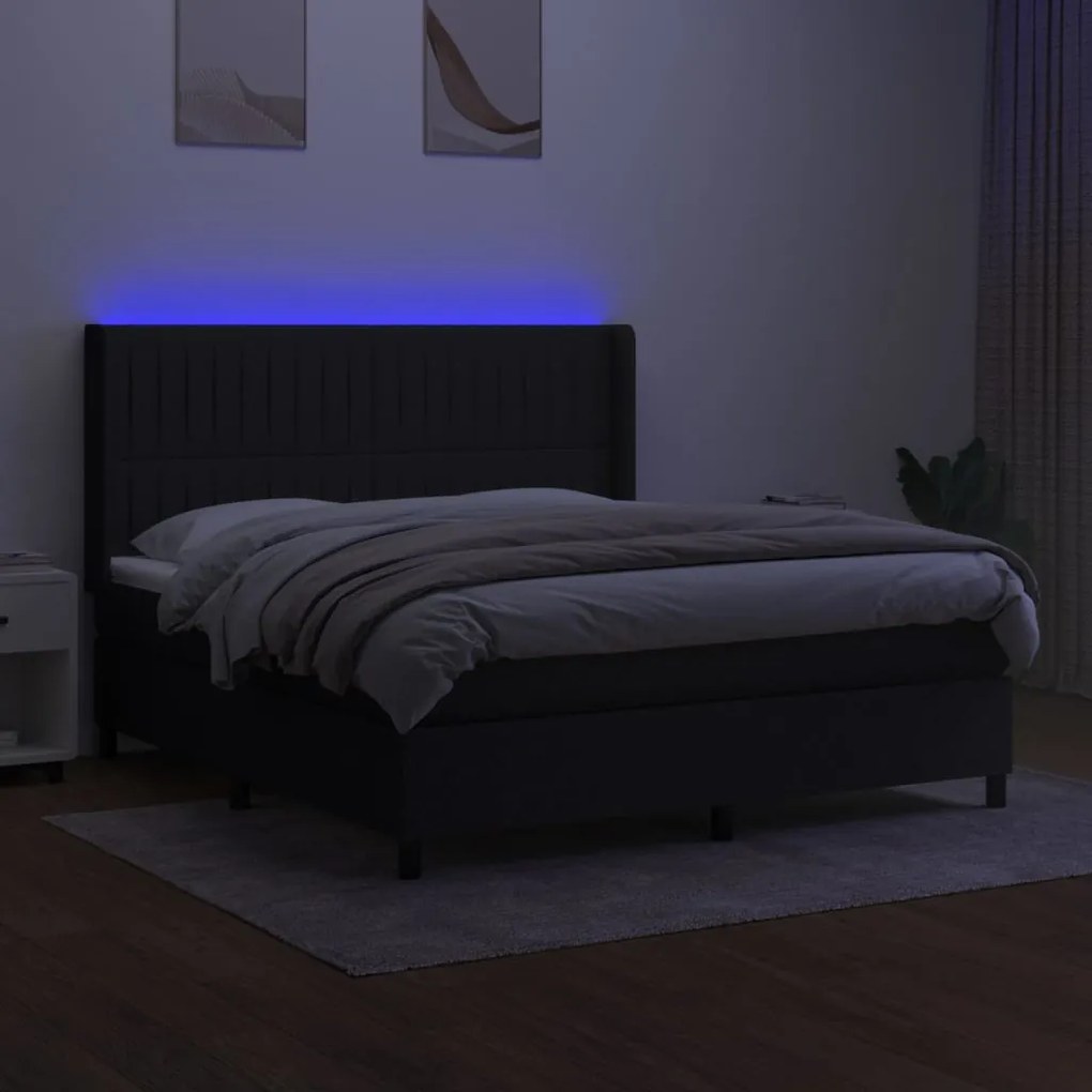 Cama box spring c/ colchão e LED 160x200 cm tecido preto