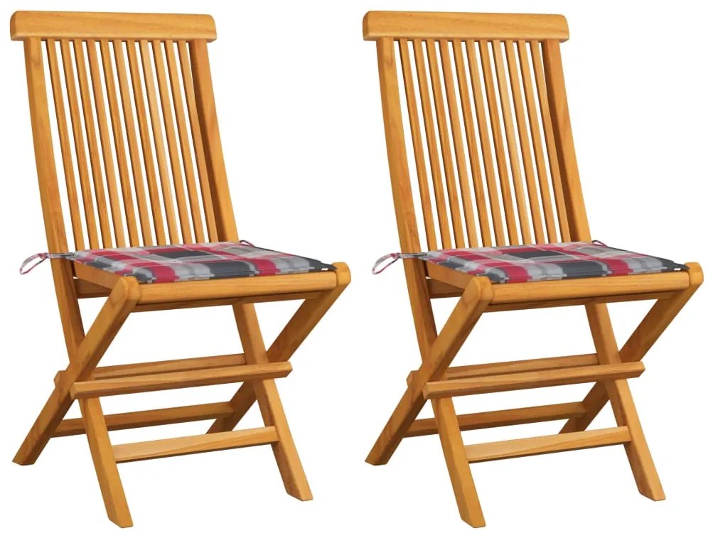 Cadeiras de jardim c/ almofadões xadrez vermelho 2 pcs teca