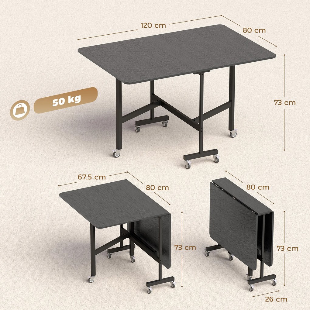 Mesa de Jantar Dobrável Mesa de Cozinha para 4-6 Pessoas com 6 Rodas (CADEIRAS NÃO INCLUIDAS) Mesa Móvel Dobrável para Espaços Pequenos 120x80x73 cm