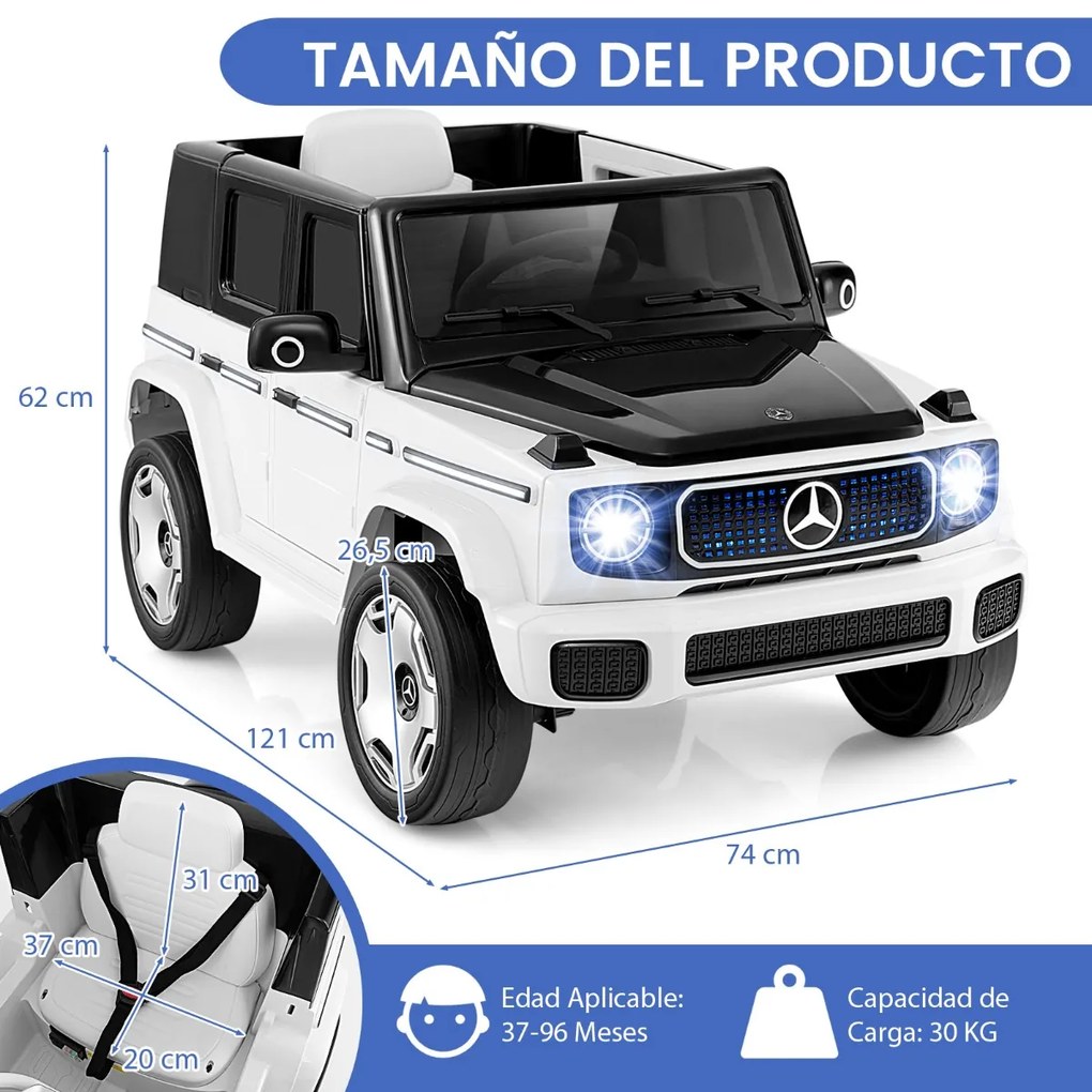 Carro elétrico para crianças com licença Mercedes-Benz 4WD 12V com controlo remoto Luzes LED Música Buzina Branco