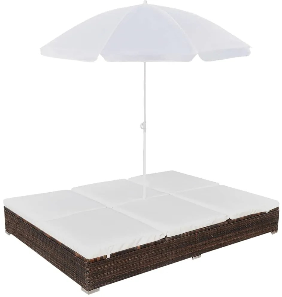 Espreguiçadeira de exterior com guarda-sol vime PE castanho
