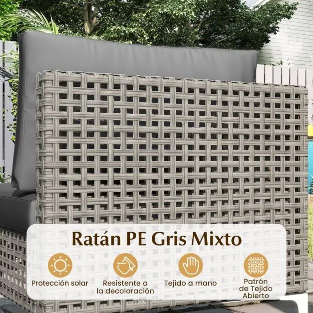 Conjunto de jardim de 7 peças em rattan PE com mesa em madeira de acácia, almofadas removíveis e pés ajustáveis em metal cinzento