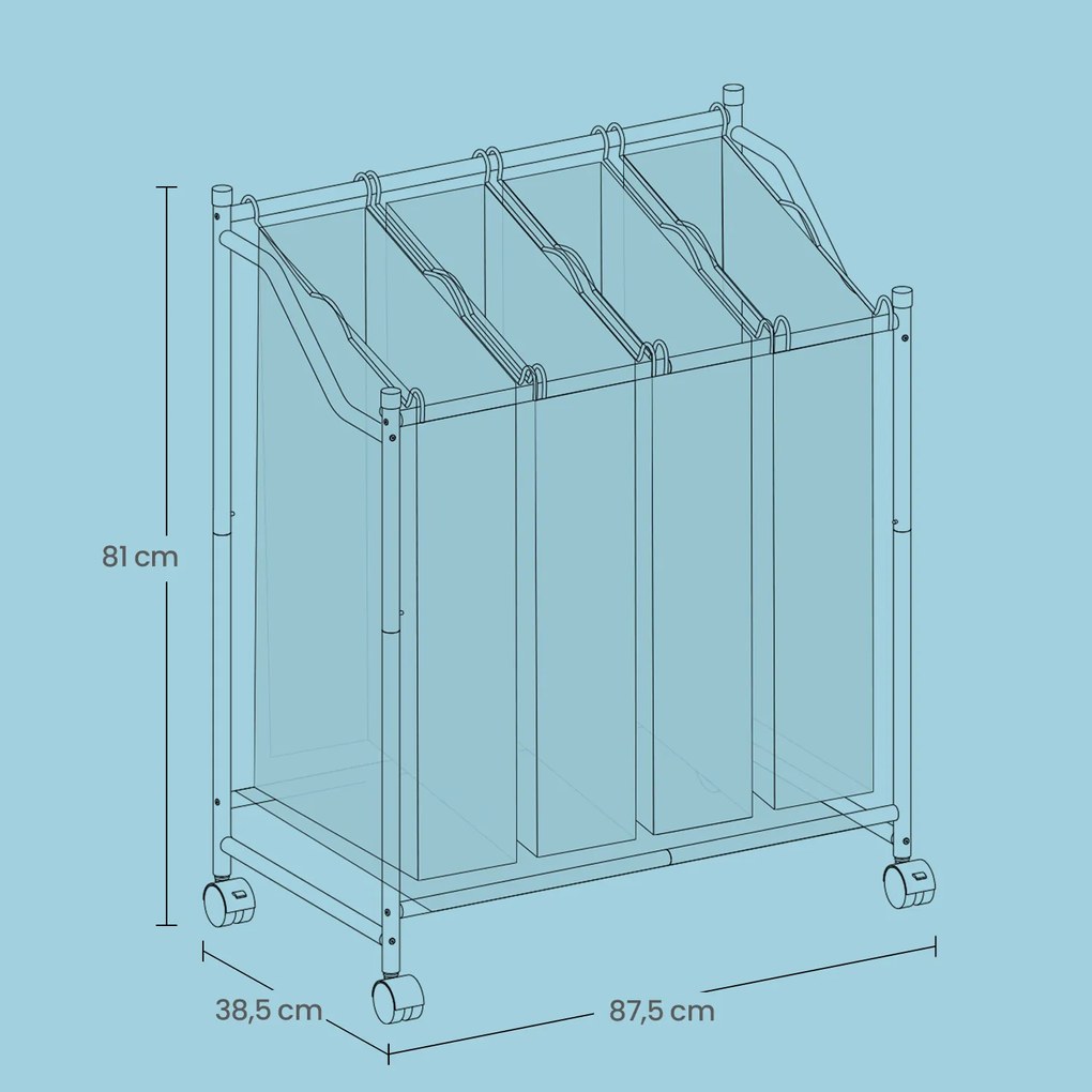Cesto para roupa suja com rodas, 4 x 35 L, com 4 sacos removíveis 87,5 x 38,5 x 67/81 cm Bege