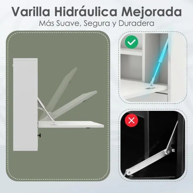 Secretária dobrável de parede com prateleira 60 cm x 15 cm x 57 cm, gaveta e tampo rebatível multiusos para escritório, quarto ou sala Branco