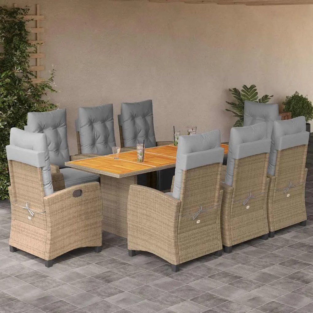 vidaXL 9 pcs conj. jantar jardim c/ almofadões vime PE bege misturado