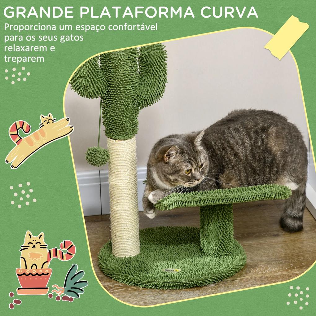 Arranhador para Gatos em Forma de Cactus de 55,5 cm com Poste de Sisal Cama e Bola de Brinquedo 35x31x55,5 cm Verde