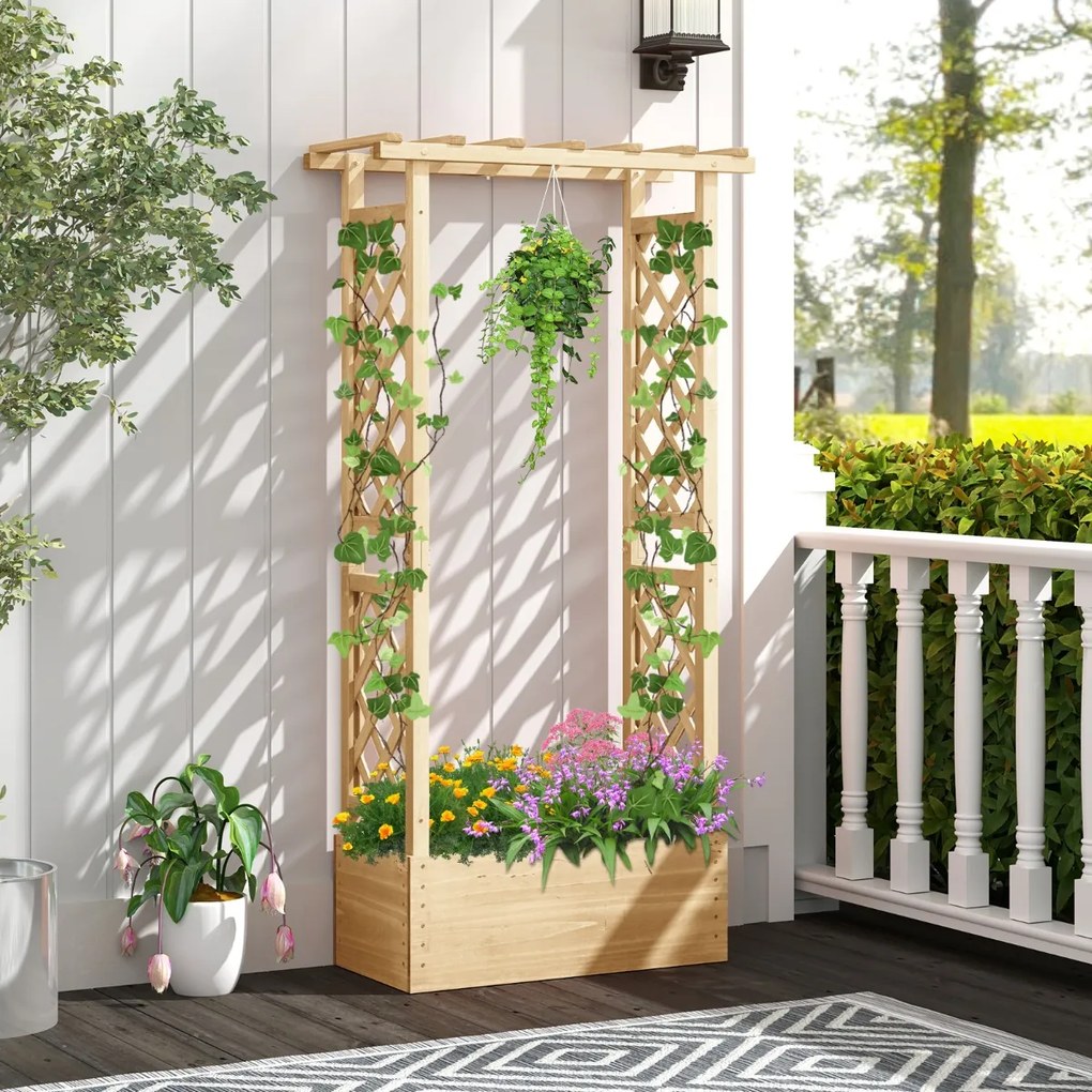 Floreira elevada em madeira de abeto com treliça 78 x 36 x 152 cm, tampa suspensa, 2 orifícios de drenagem e 2 painéis para jardim, terraço ou pátio N