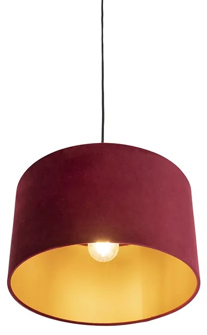 Candeeiro de suspensão preto com abajur de veludo vermelho e dourado 35 cm - Combi Clássico / Antigo