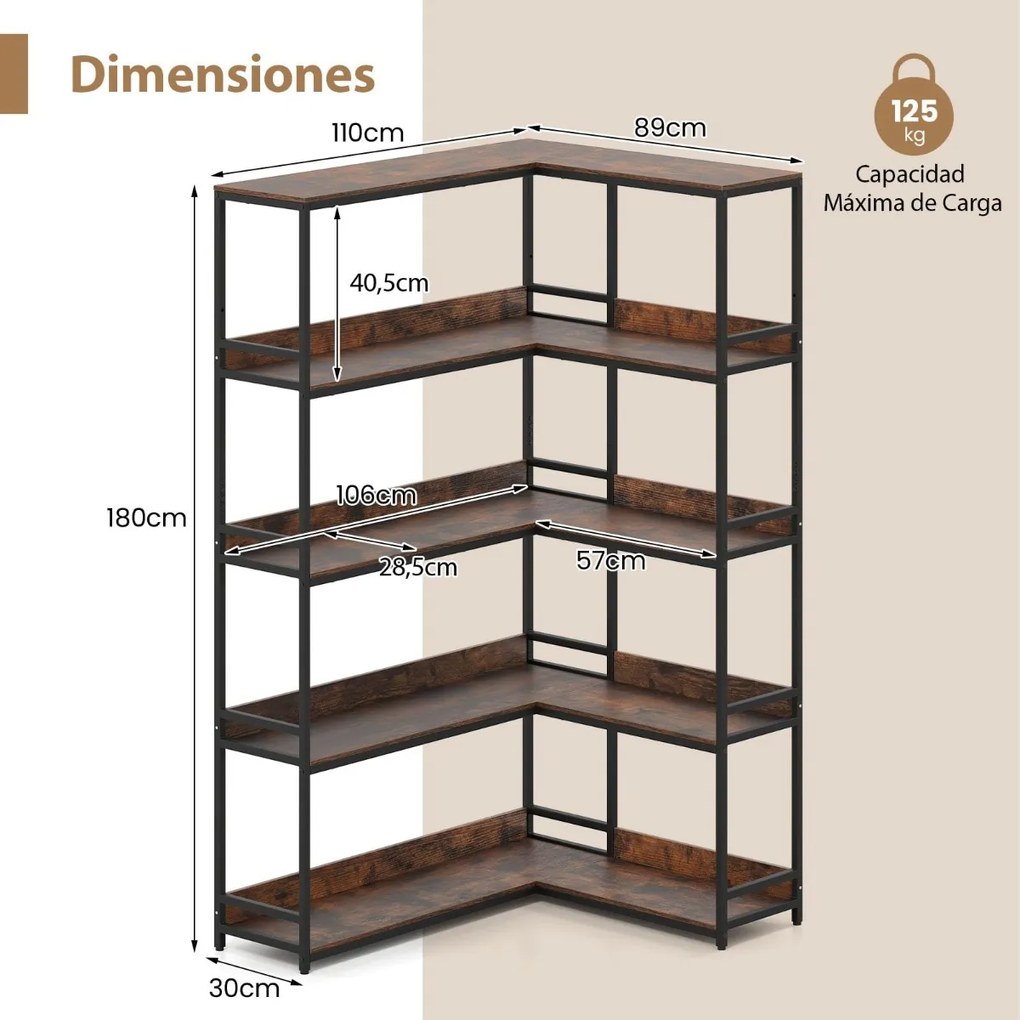 Estante de canto 110 x 89 x 180 cm com 5 níveis, 10 compartimentos abertos e protetor com pés para sala Castanha