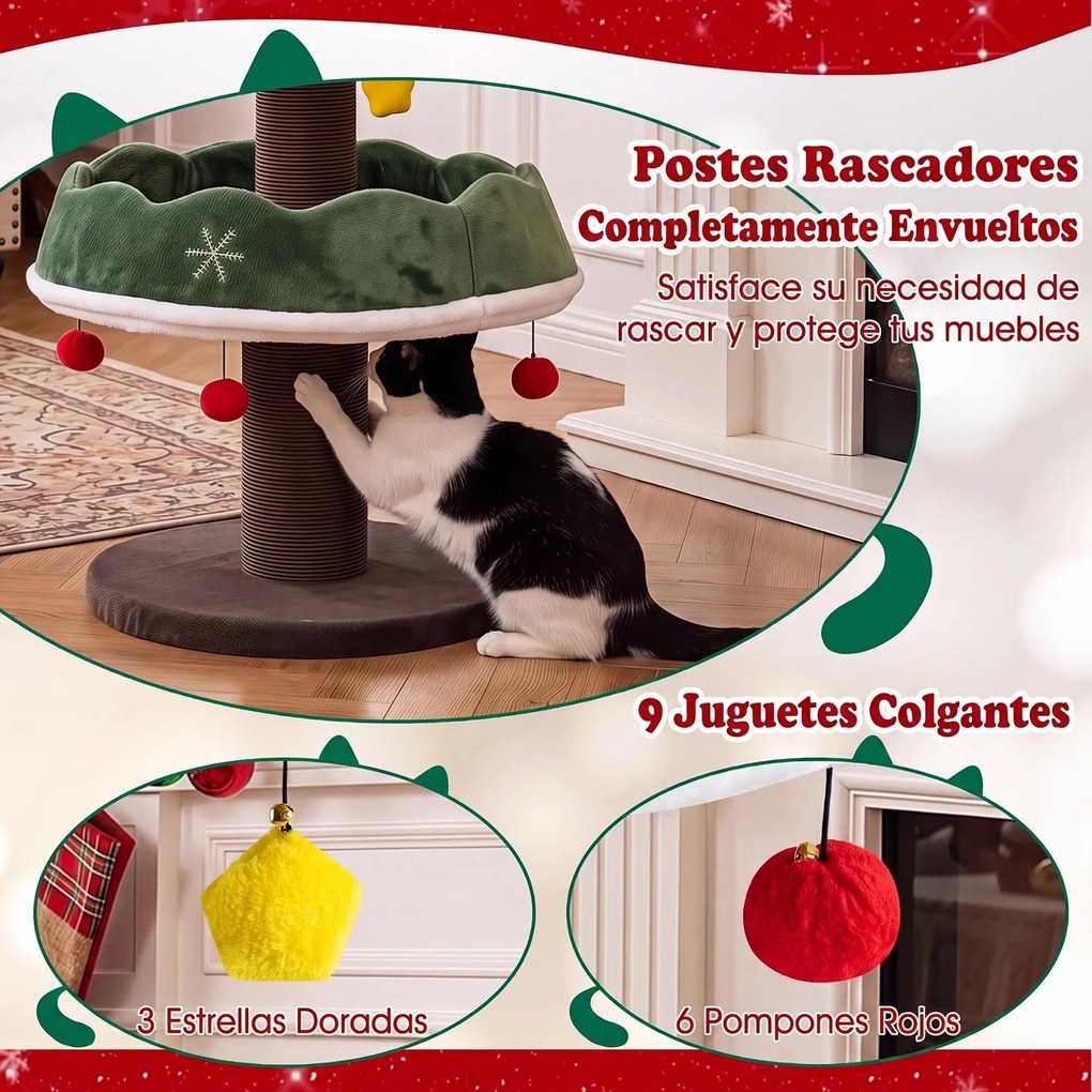 Árvore Rascadora para Gatos de Natal, 49 x 49 x 143 cm, 3 Níveis com Casinha Superior, Verde