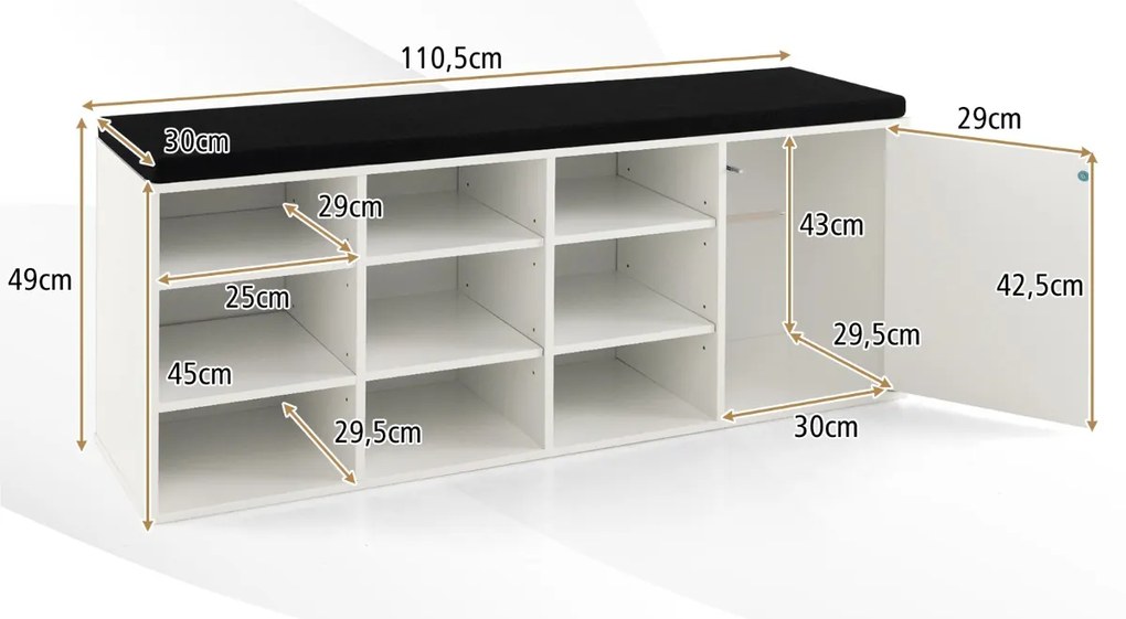 Banco sapateira para Sapatos 110,5 x 30 x 49 cm de 3 Níveis com Almofada Acolchoada Removível Branco