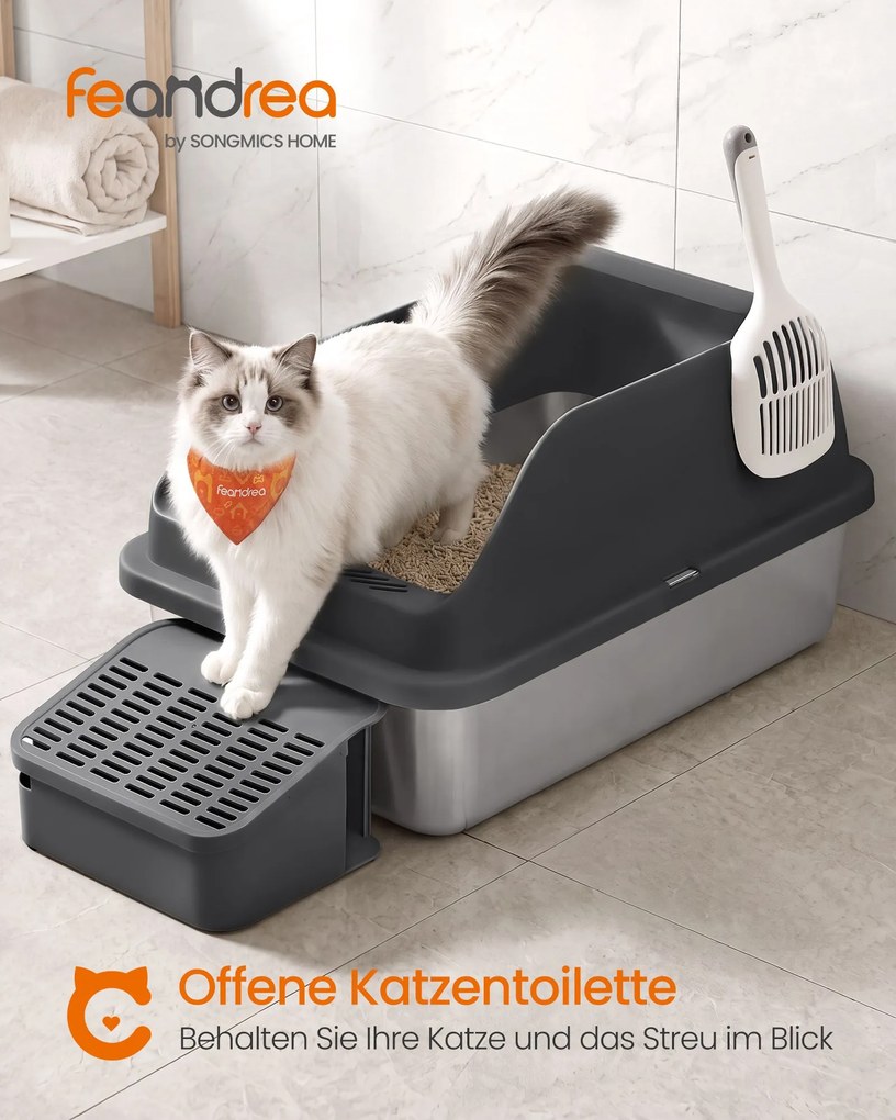 Caixa de areia para gatos em aço inoxidável 61 x 41 x 30,2 cm com rebordo alto, escadinha e pá Preta