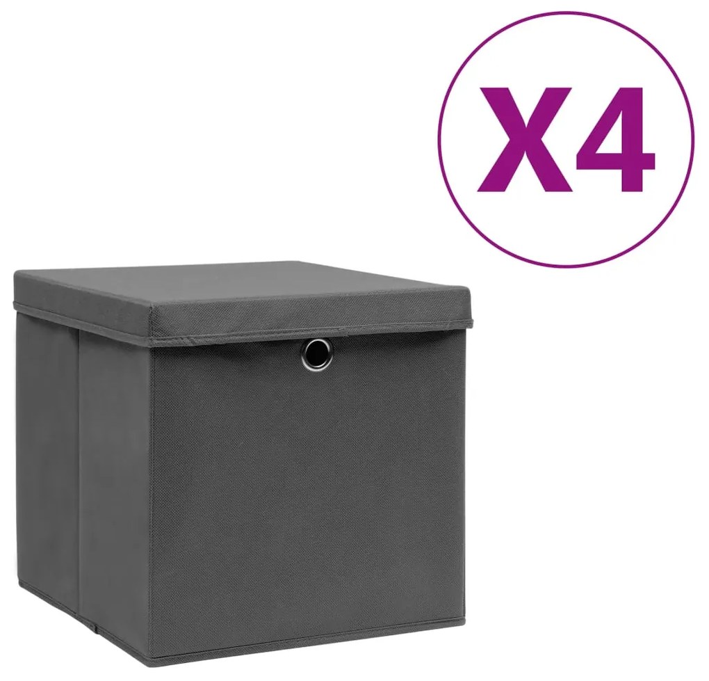 Caixas de arrumação com tampas 4 pcs 28x28x28 cm cinzento