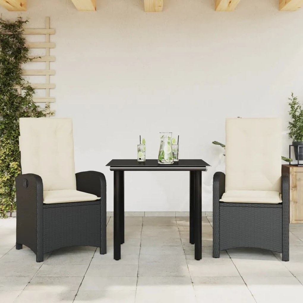 3 pcs conjunto de jantar p/ jardim c/ almofadões vime PE preto