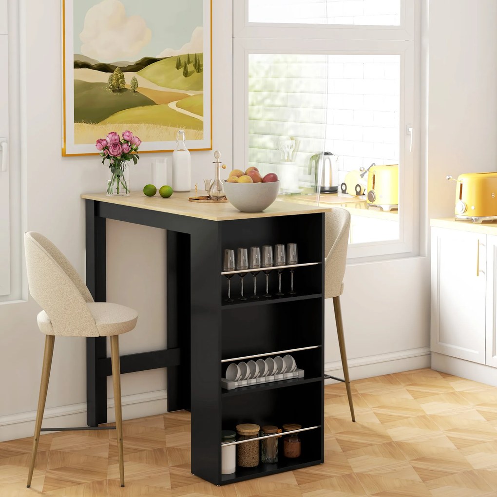 Mesa de Bar com 3 Prateleiras (BANCO NÃO INCLUÍDO) com Suporte Estilo Moderno para Cozinha Sala de Jantar 112x57x106 cm Preto e Madeira