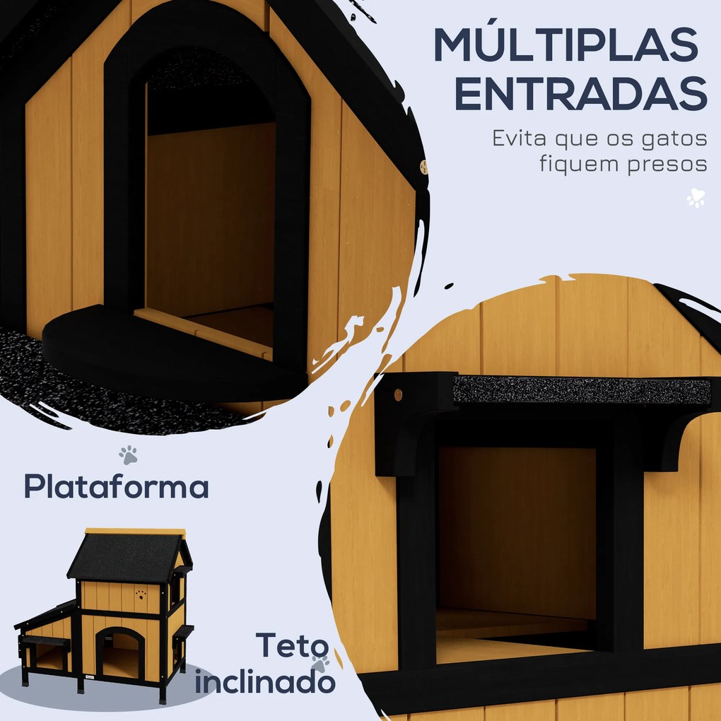 Casa para Gatos de Madeira com Suporte para Flores de 2 Níveis e Teto Asfáltico 96x65x85,5 cm Madeira e Preto