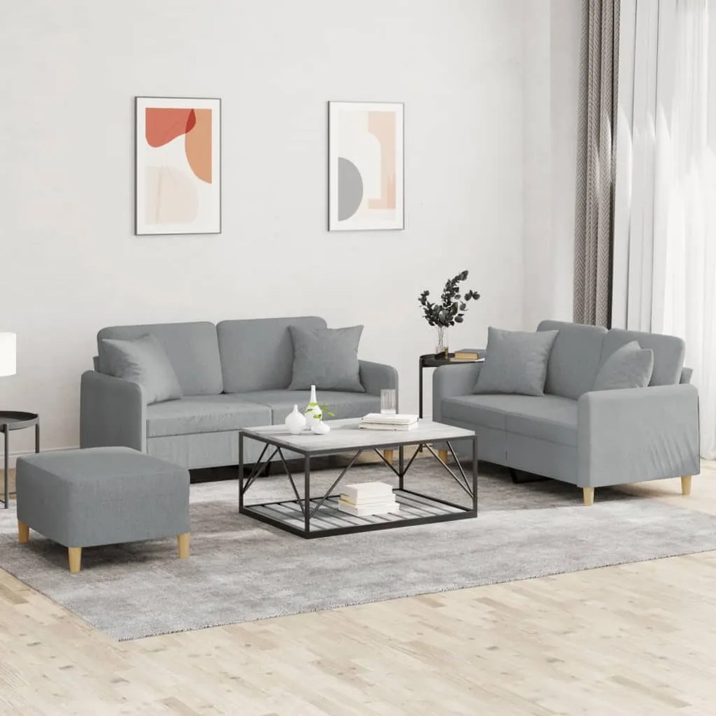 3 pcs conjunto de sofás com almofadas tecido cinzento-claro