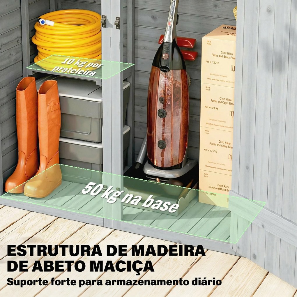Abrigo de Jardim de Madeira 115x53x156 cm Armário Exterior para Ferramentas com Portas Duplas Cinza