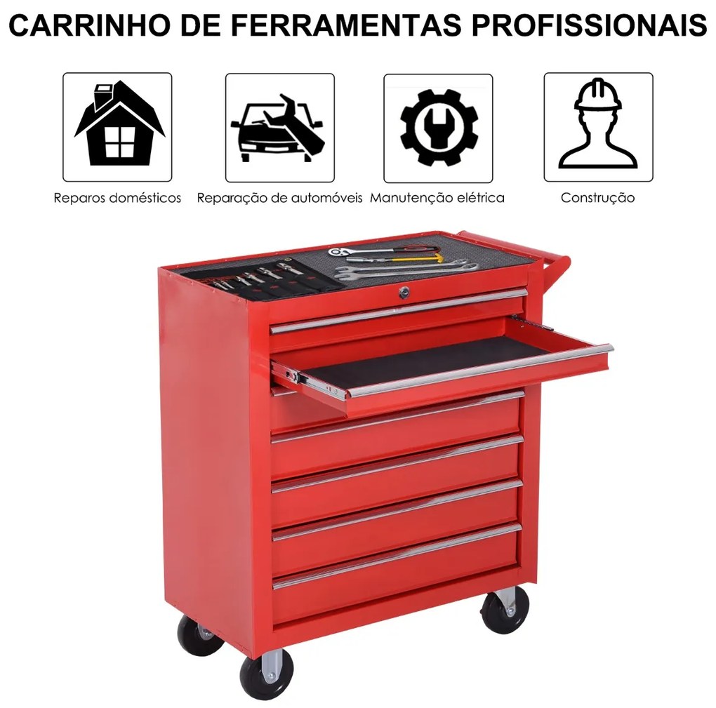 Carro de Ferramentas com Rodas Caixa Oficina Fechadura tipo Móvel de Armazenamento para Oficina Garagem e Casa Chapa de Aço Vermelho - 69x33x77.2cm
