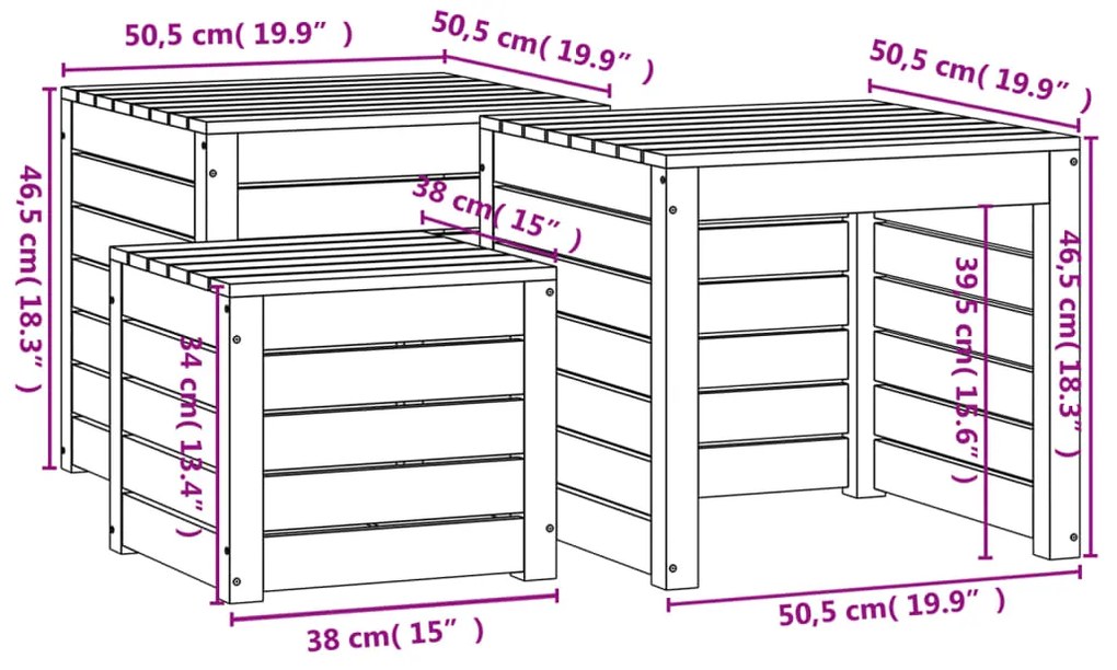 3 pcs conjunto de caixas de jardim pinho maciço branco