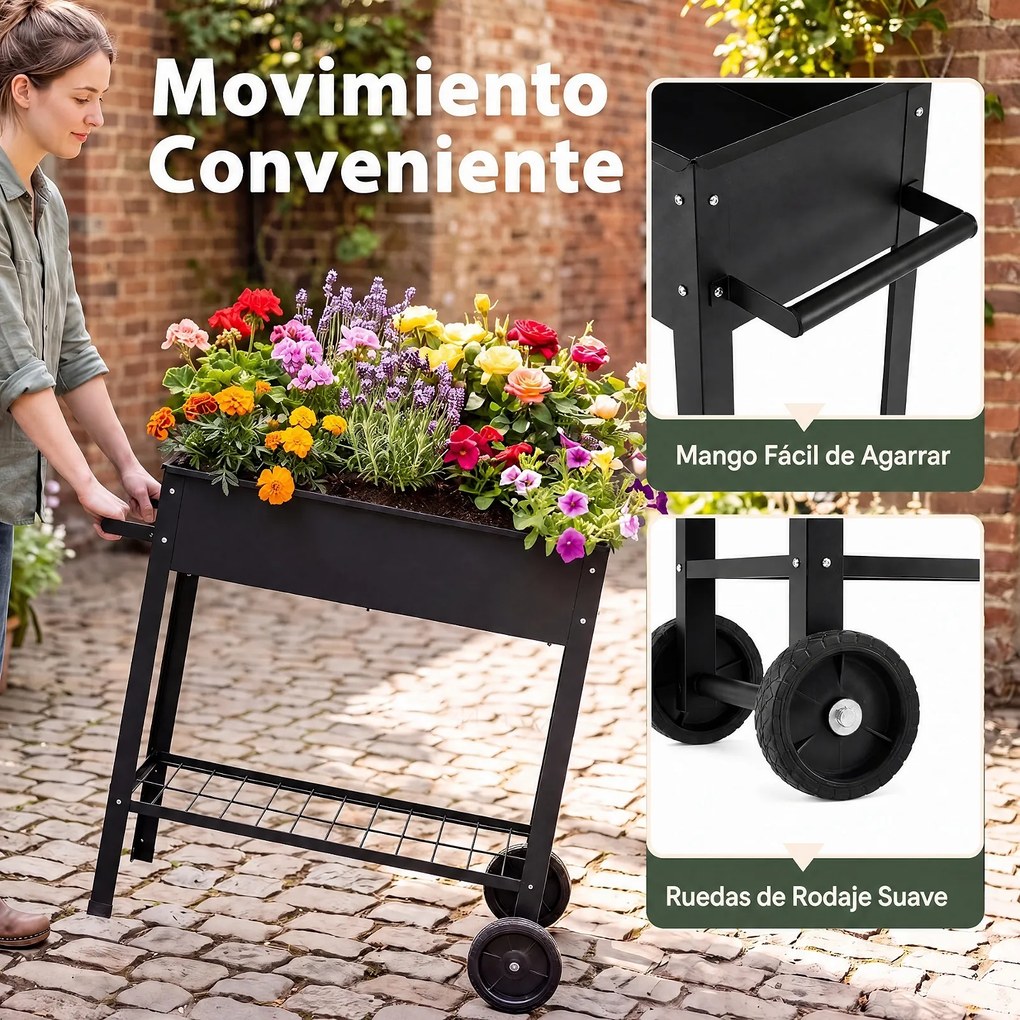 Floreira Elevada para Horta com Rodas, 88 x 37 x 80 cm, Estrutura Metálica, Preto