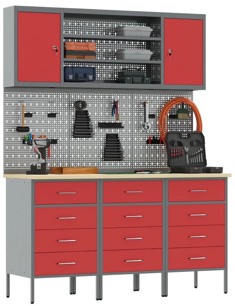 Conjunto de Bancada de Trabalho VidaXL com 7 Peças em Aço Vermelho