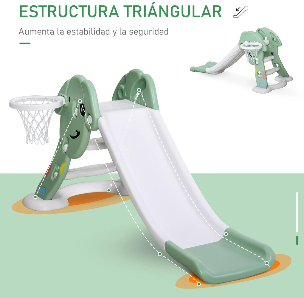 HOMCOM Escorrega infantil para crianças acima de 2 anos com cesta de basquete Interior e exterior carga 25 kg Acessórios incluídos 160x35x68 cm Verde e Branco