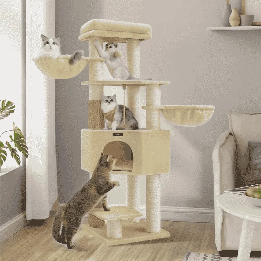 Arranhador para gatos com plataformas 50 x 50 x 160 cm bege-areia