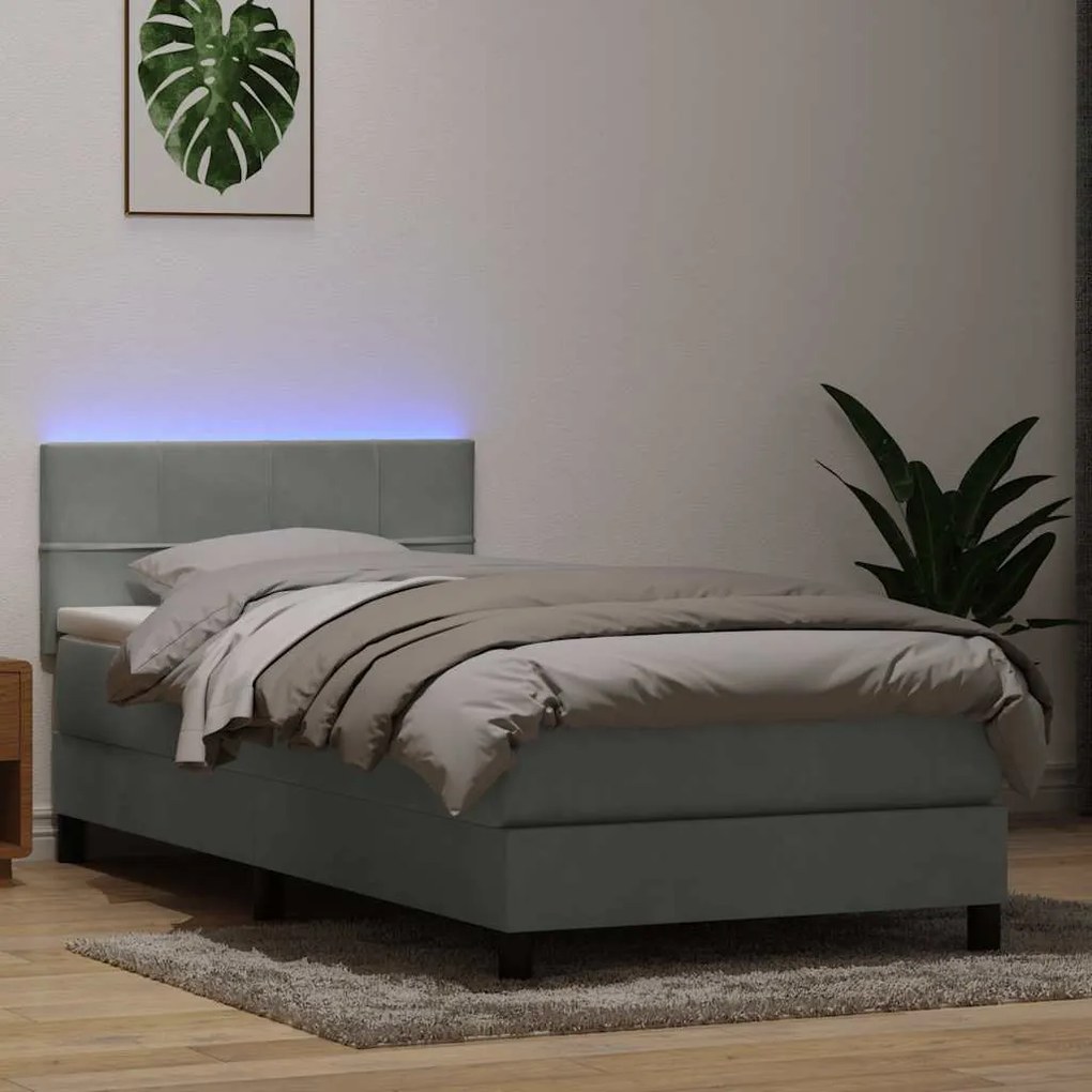 vidaXL Cama box spring c/ colchão e LED Cinza Claro 90x210 cm veludo