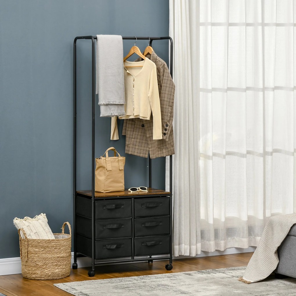 Cabideiro Cefalù com Rodas e 6 Gavetas – 63,5x40x172,5 cm – Castanho R