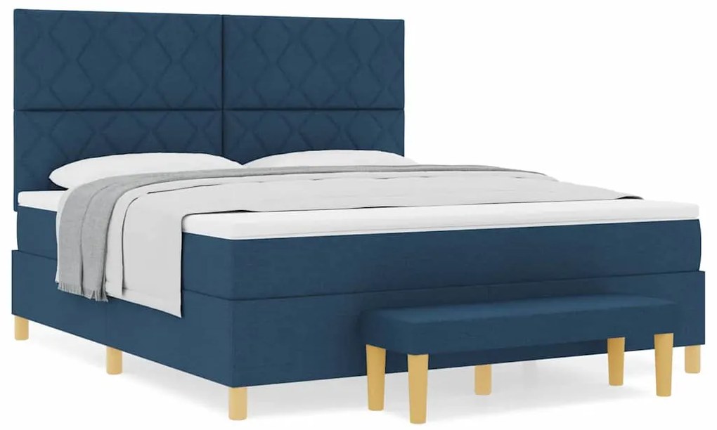 Cama Box Spring com Colchão &amp; Banqueta Azul 180x200 cm Tecido