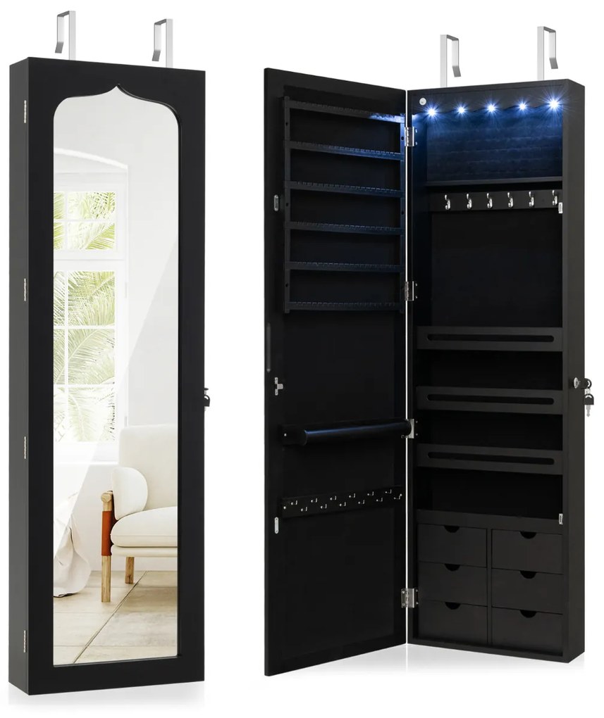 Armário para joias com espelho, iluminação LED, fechadura, montagem na porta e na parede, 36,5 x 11,5 x 120 cm preto