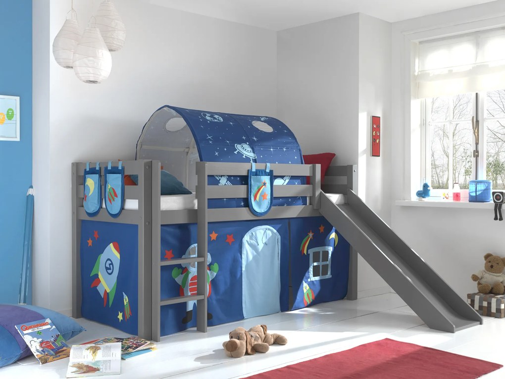 Conjunto Cama alta de Criança PINO 90 x 200 cm + estrado + escada + escorrega + tunel + cortina + bolsas de arrumação Astronauta Cinzenta