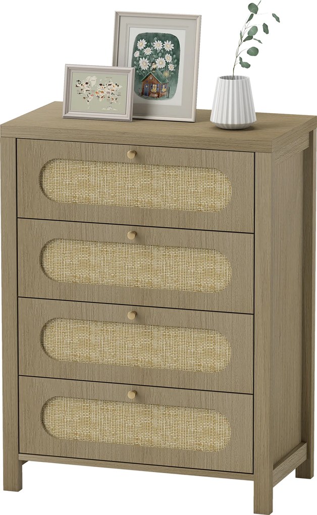 Cómoda com 4 gavetas, móvel de arrumação de estilo boémio com portas em resina trançada, 70 x 38 x 93 cm, efeito de madeira natural